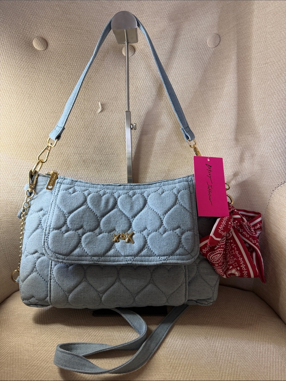 Betsey Johnson Quilted Heart Jeans Shoulder Bag in Light Blue with Bandana Charm